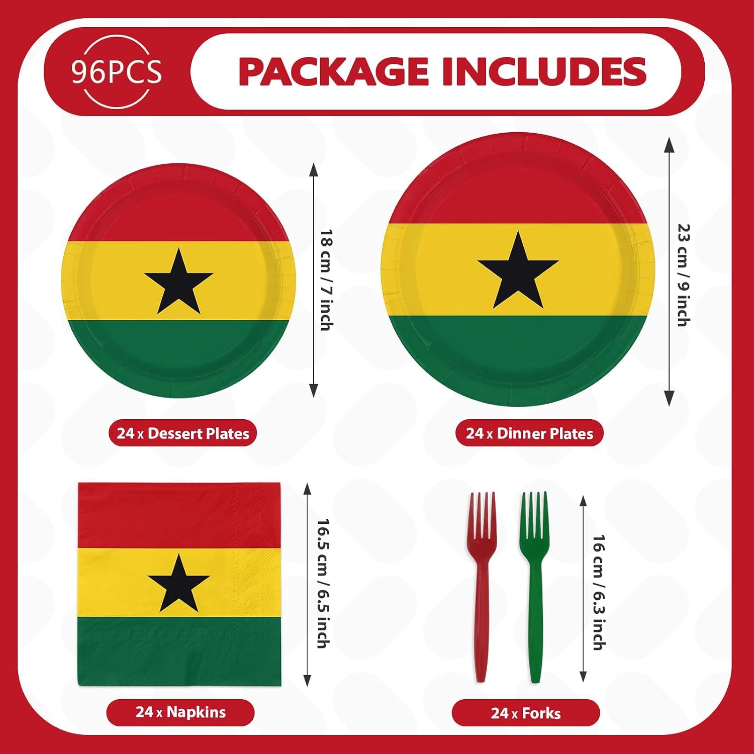 Complete Ghana flag party tableware set for 24 guests