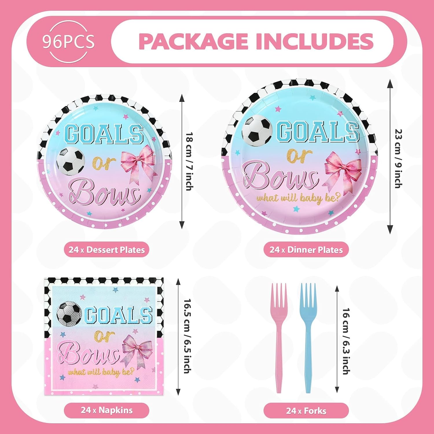 Goals or Bows Gender Reveal Plates & Napkins - 96 Pcs image 2