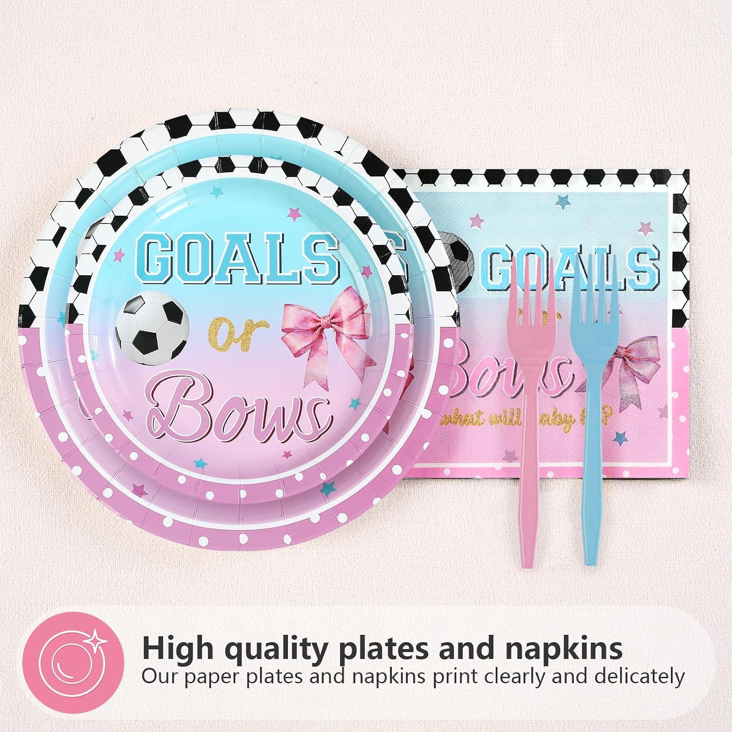 Goals or Bows Gender Reveal Plates & Napkins - 96 Pcs image 3