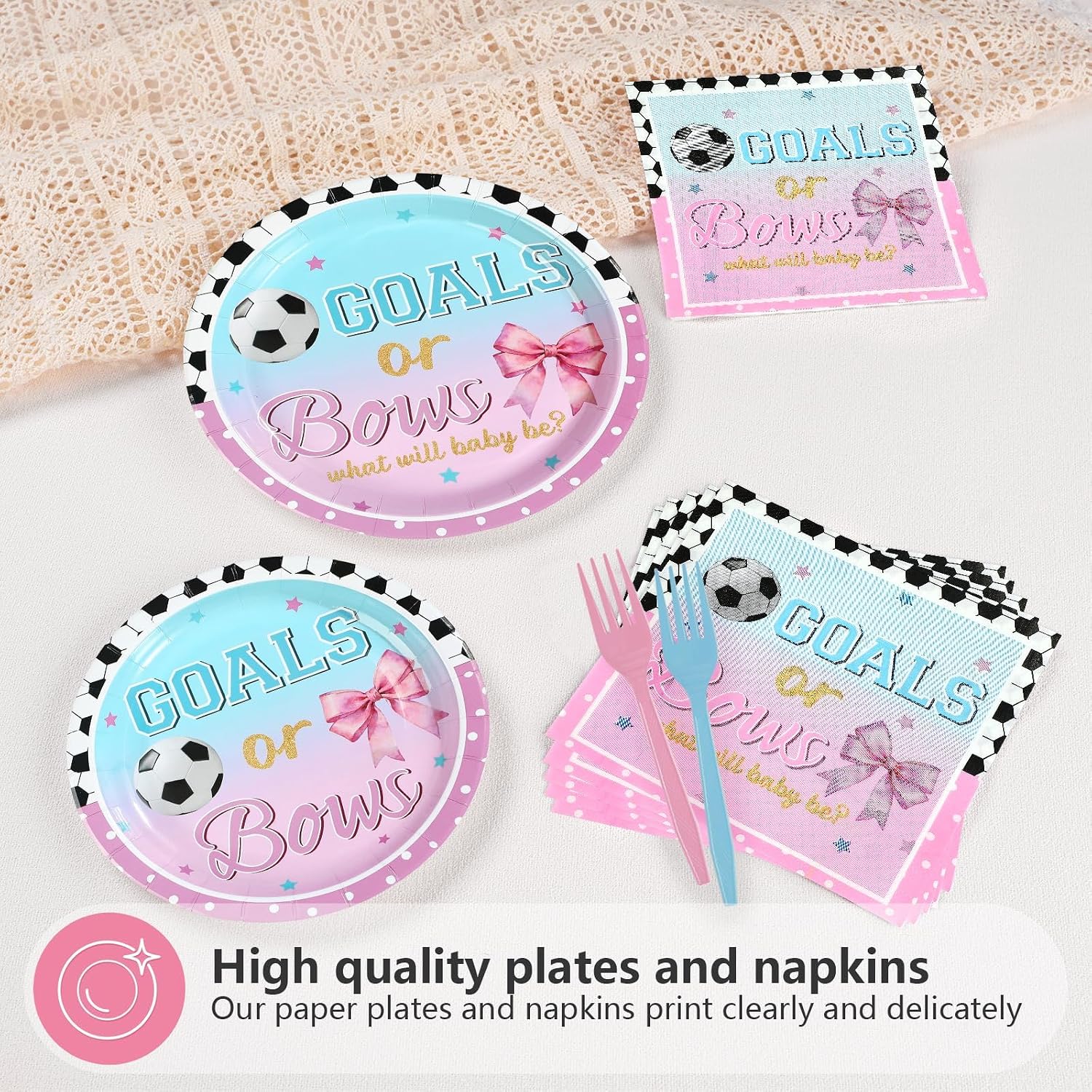 Goals or Bows Gender Reveal Plates & Napkins - 96 Pcs image 4