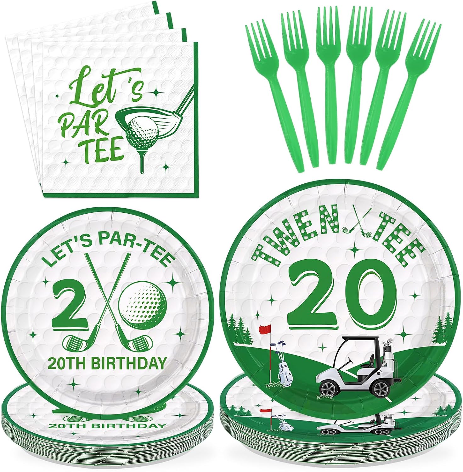 Golf 20th birthday plates and napkins 96 pieces lets par tee green white theme