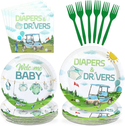 Golf baby shower plates and napkins set 96 pieces green blue drivers and diapers theme