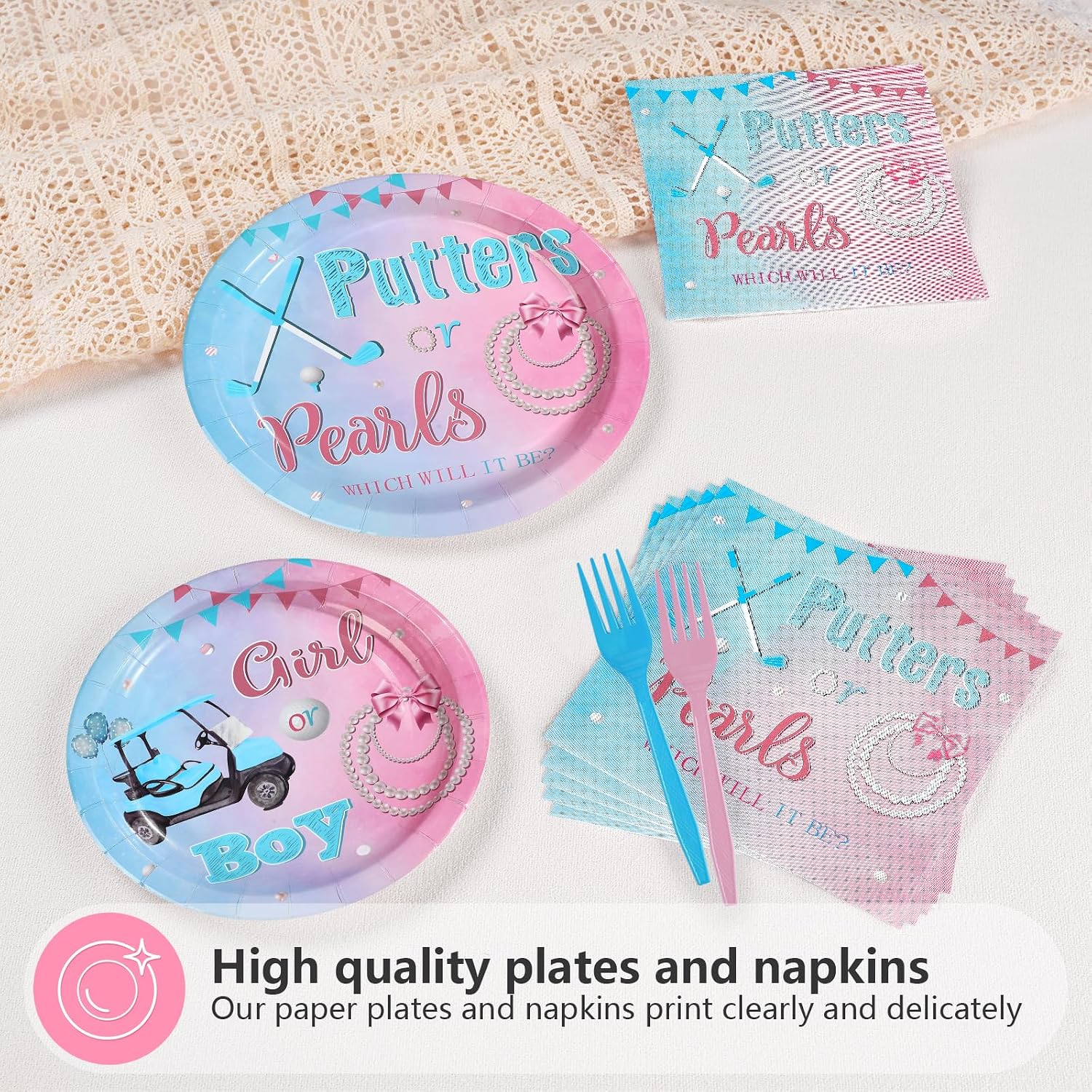 Golf gender reveal dessert plates 7 inch he or she design