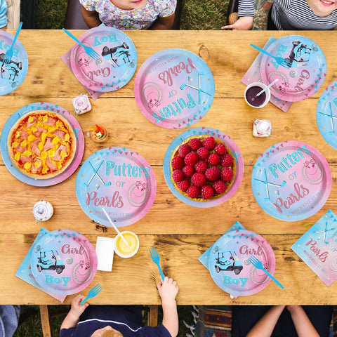 Golf themed gender reveal party table decoration blue pink