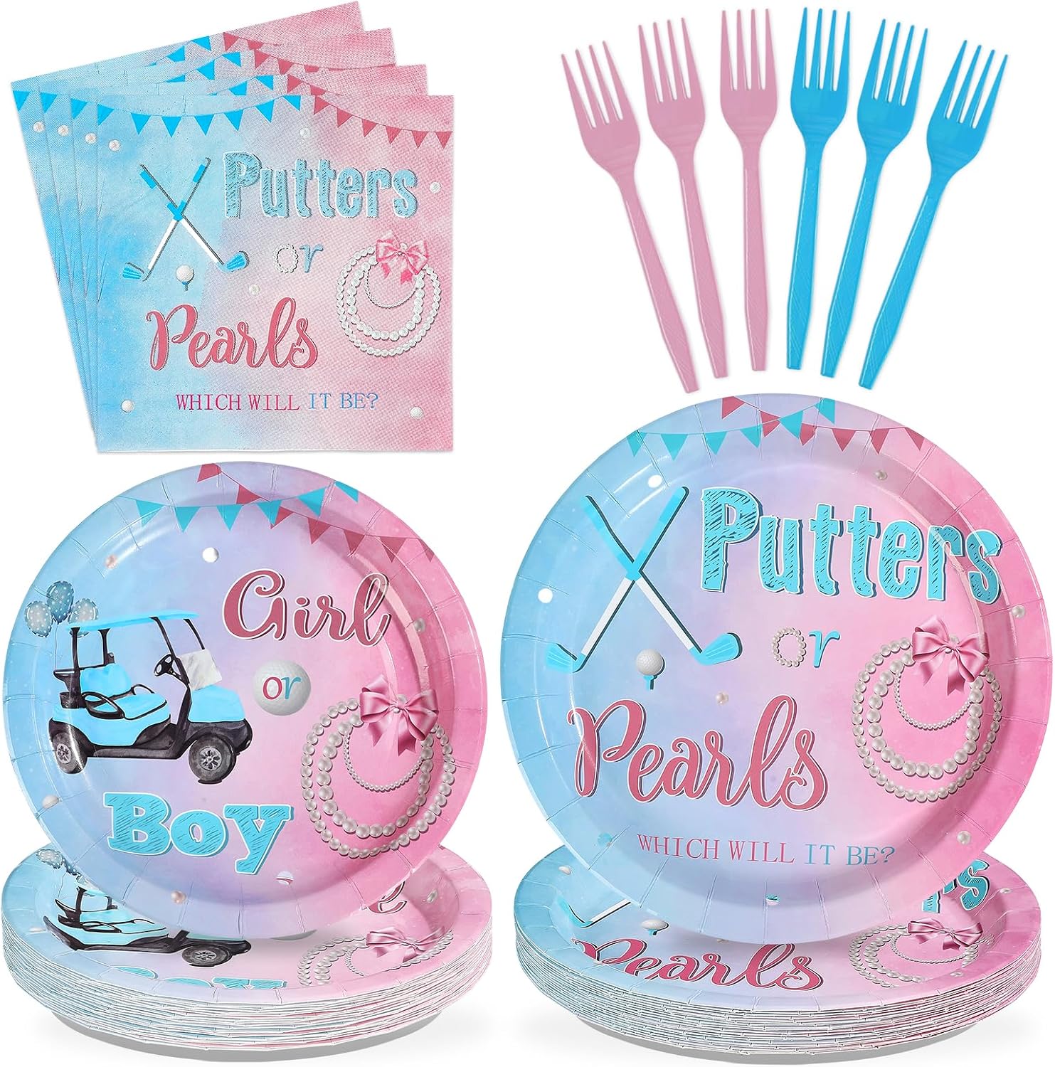 Golf gender reveal plates and napkins 96 pieces putters or pearls blue pink theme