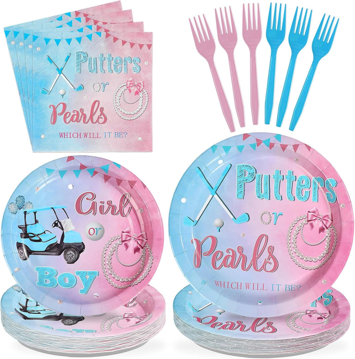 Golf gender reveal plates and napkins 96 pieces putters or pearls blue pink theme