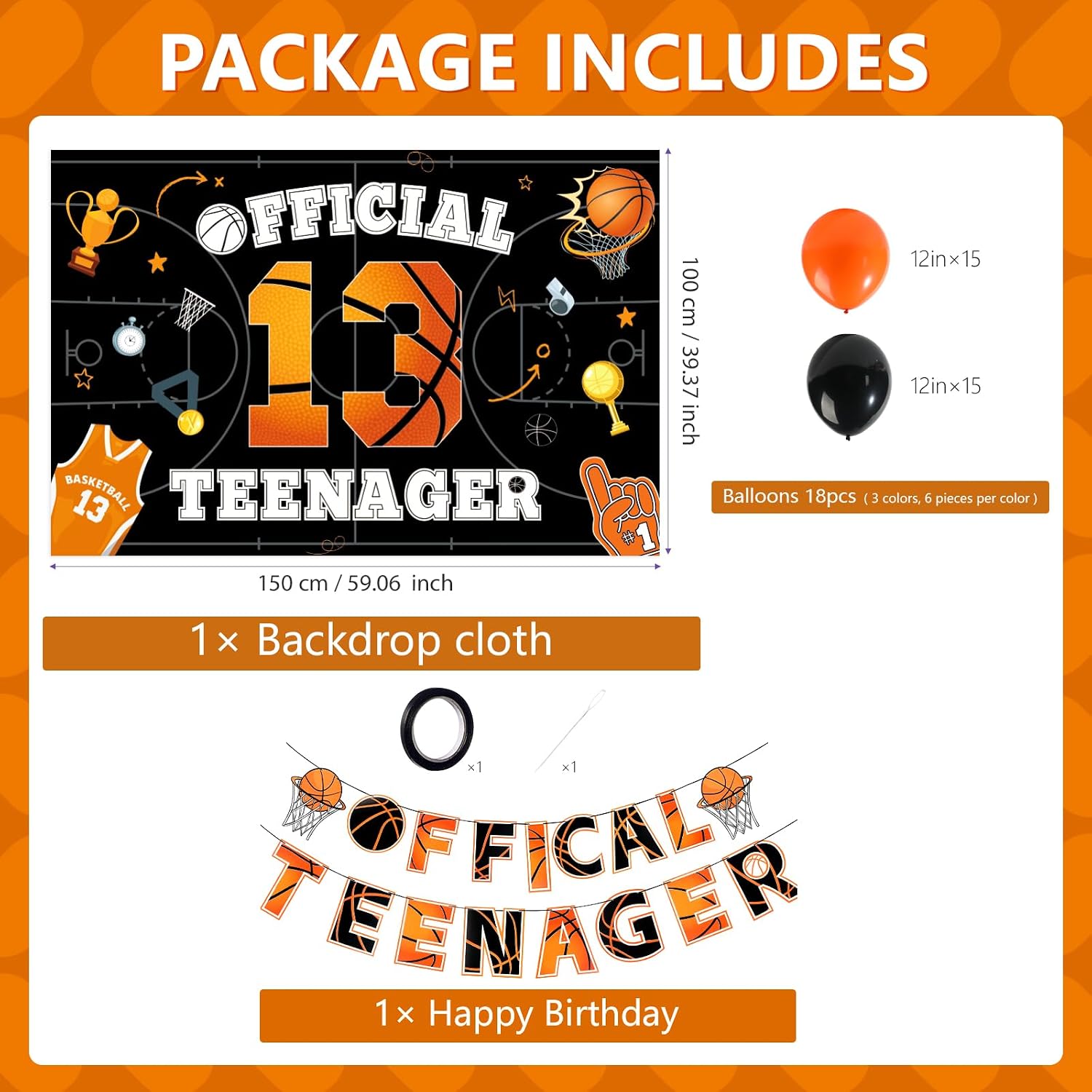 13th Birthday Basketball Party Decorations Kit - Grencian
