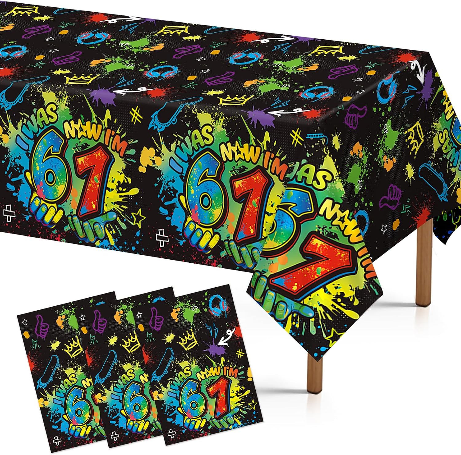 3Pcs 6 7 Birthday Tablecloth Neon 67 Meme Graffiti - Grencian
