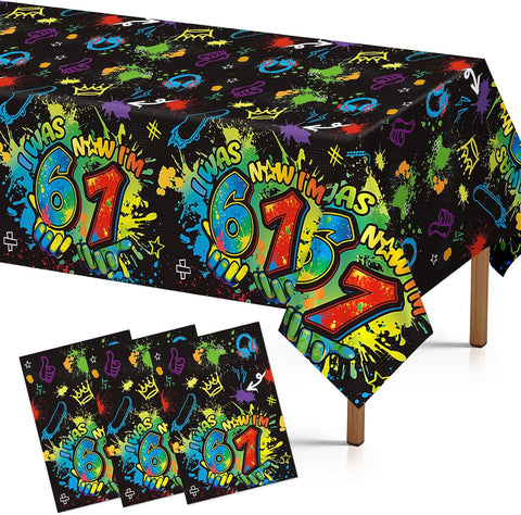 3Pcs 6 7 Birthday Tablecloth Neon 67 Meme Graffiti - Grencian