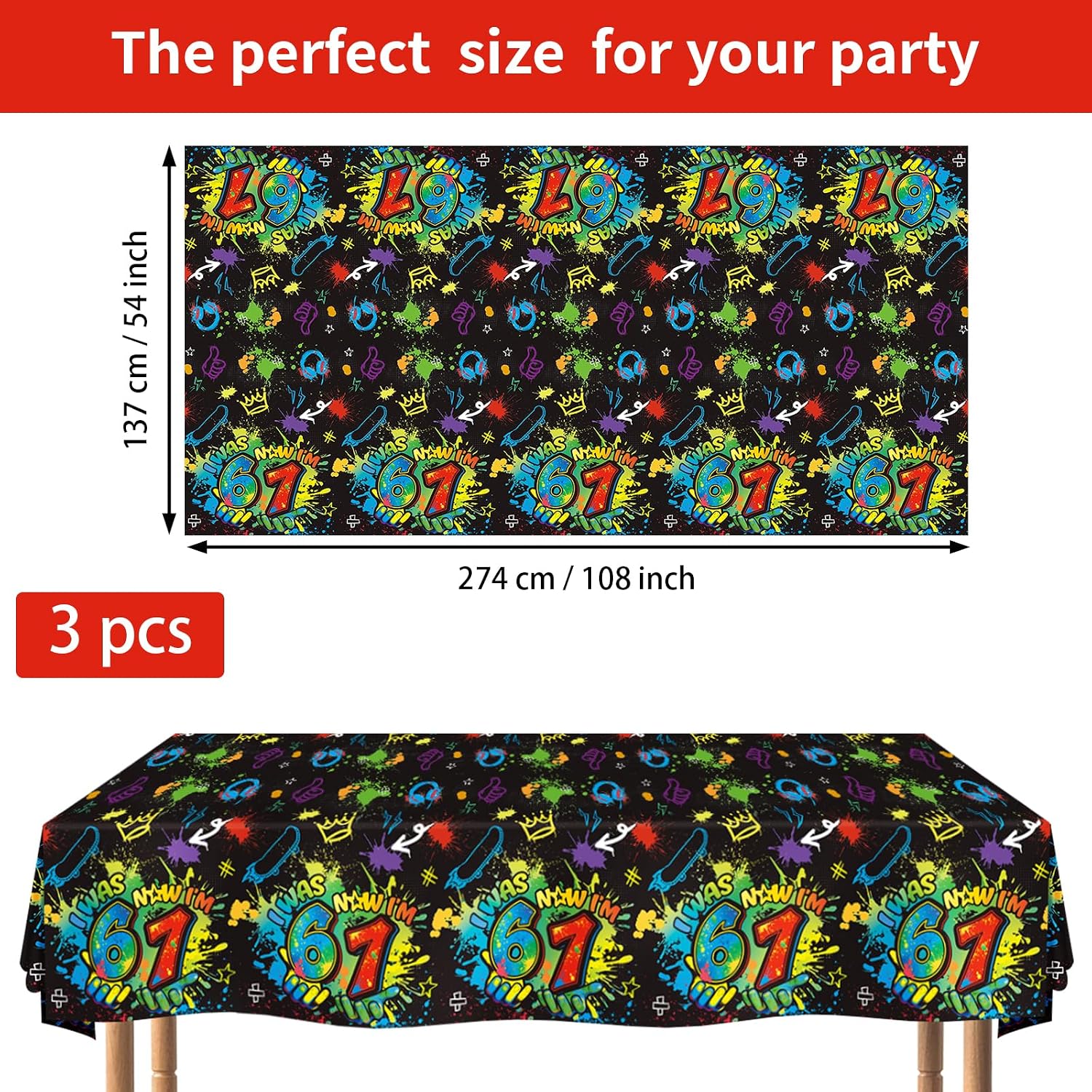3Pcs 6 7 Birthday Tablecloth Neon 67 Meme Graffiti - Grencian