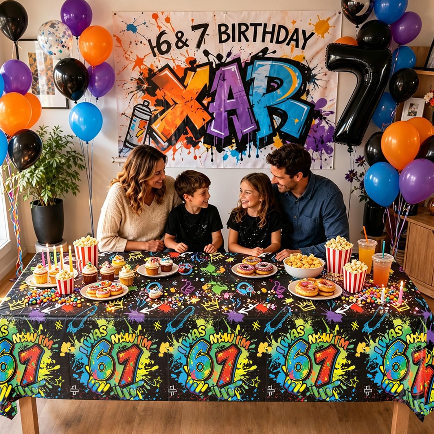 3Pcs 6 7 Birthday Tablecloth Neon 67 Meme Graffiti - Grencian