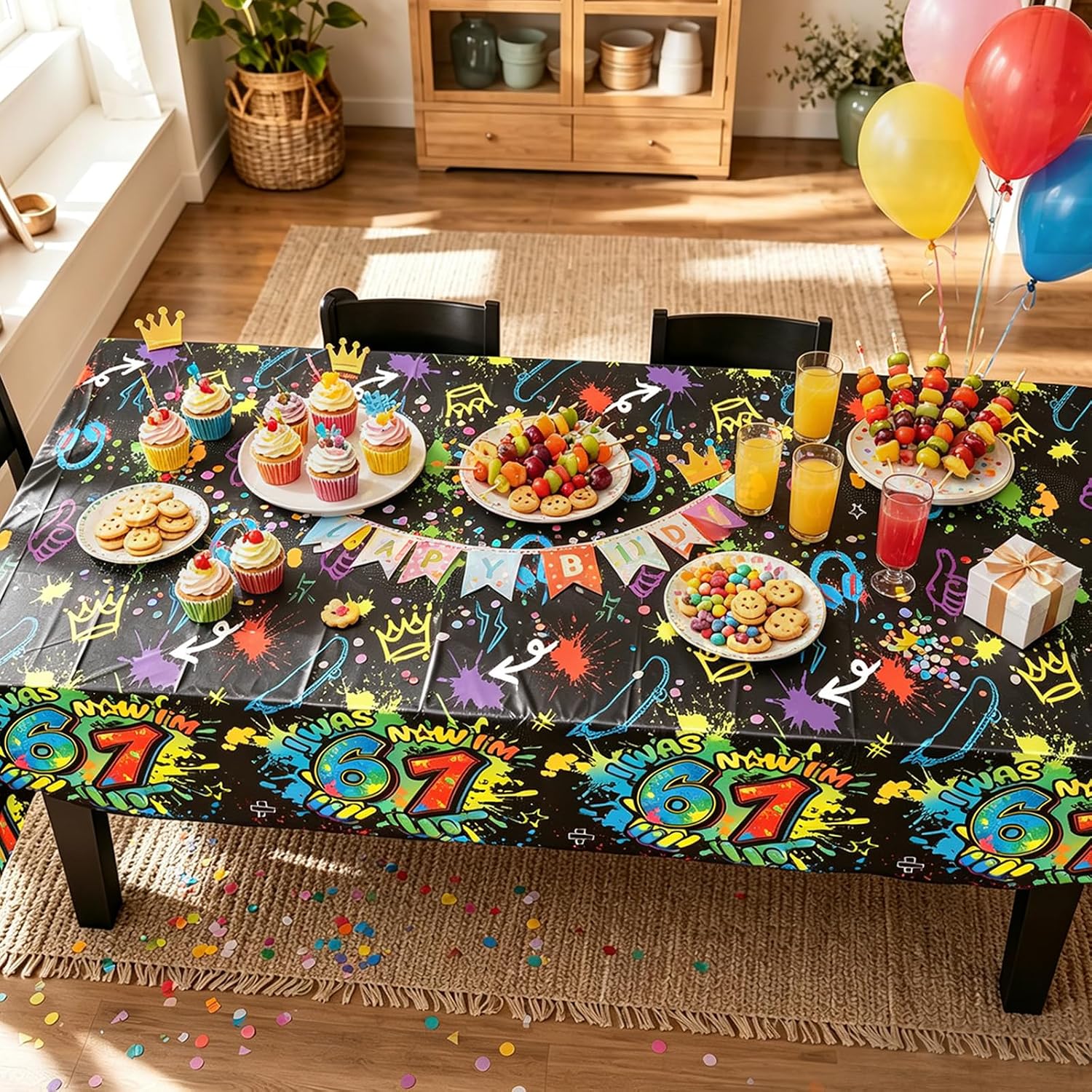 3Pcs 6 7 Birthday Tablecloth Neon 67 Meme Graffiti - Grencian