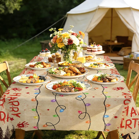 Close-up of retro plastic tablecloth with colorful light bulbs