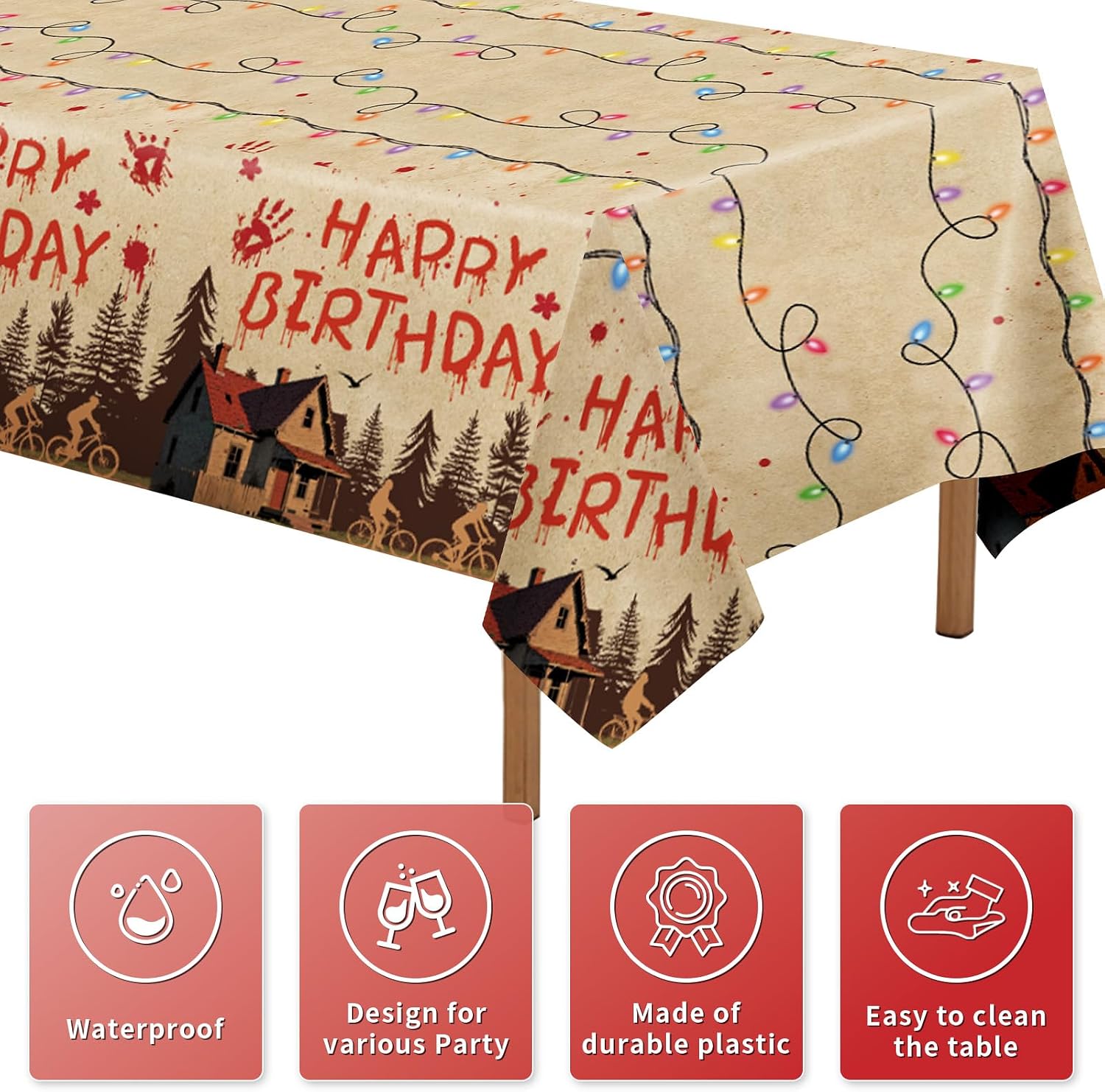 Boys girls birthday party scene with spooky rustic themed tablecloth