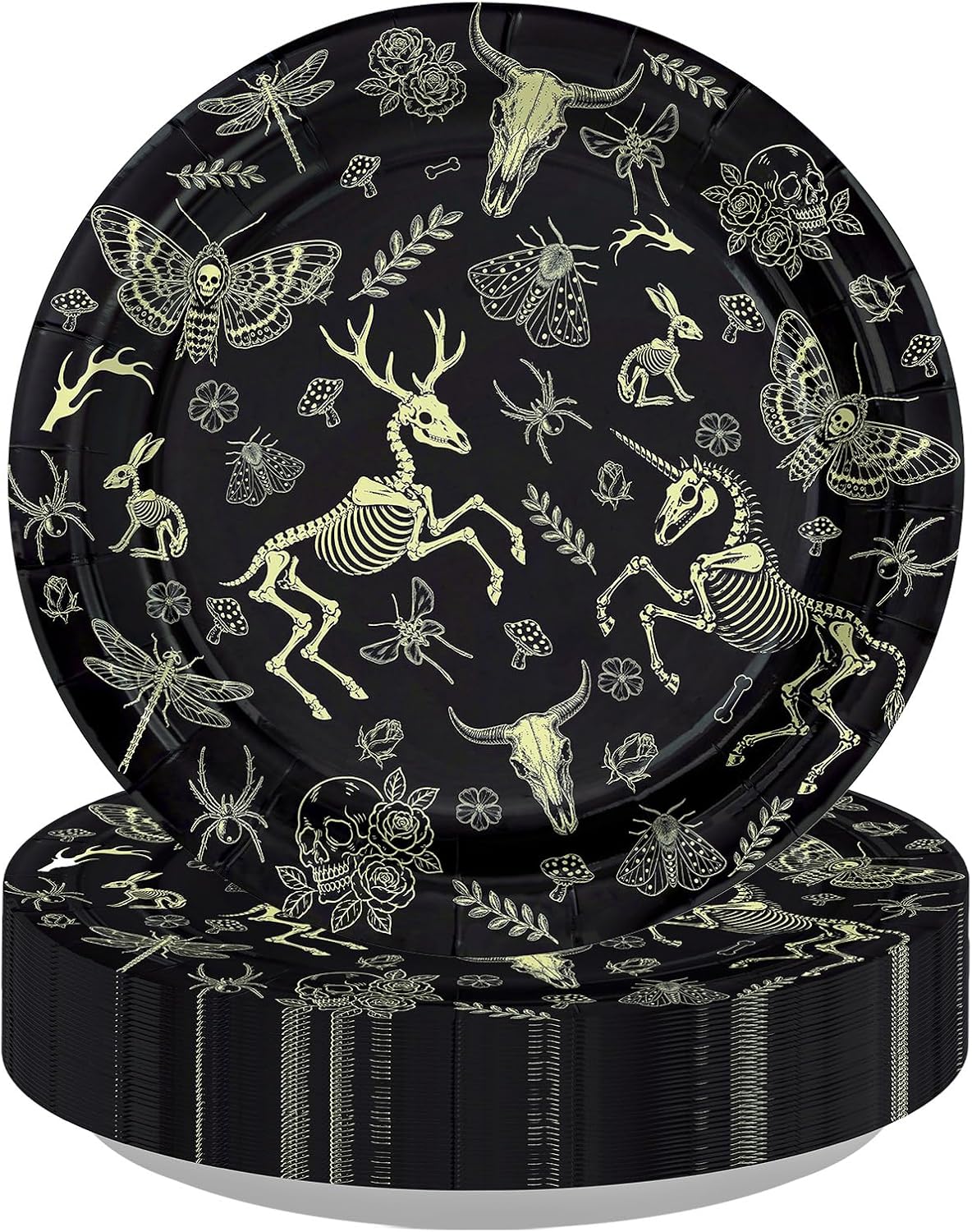 50Pcs Animal Skull Paper Plates 9 Inch Black Gold Halloween - Grencian