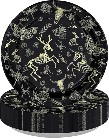 50Pcs Animal Skull Paper Plates 9 Inch Black Gold Halloween - Grencian