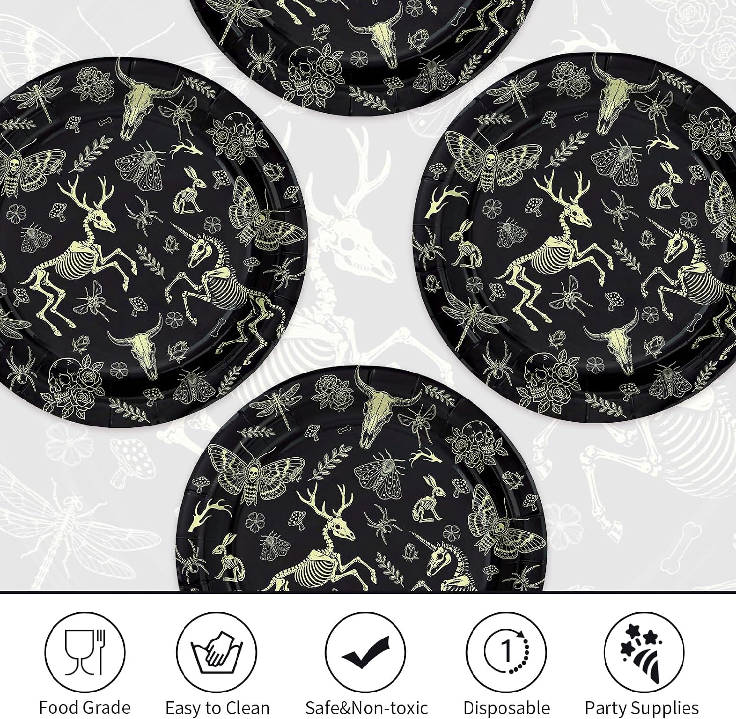 50Pcs Animal Skull Paper Plates 9 Inch Black Gold Halloween - Grencian