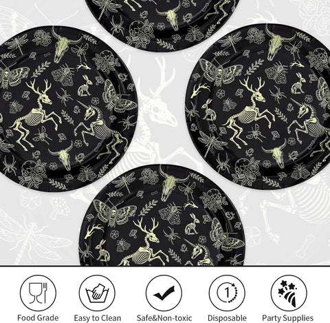 50Pcs Animal Skull Paper Plates 9 Inch Black Gold Halloween - Grencian
