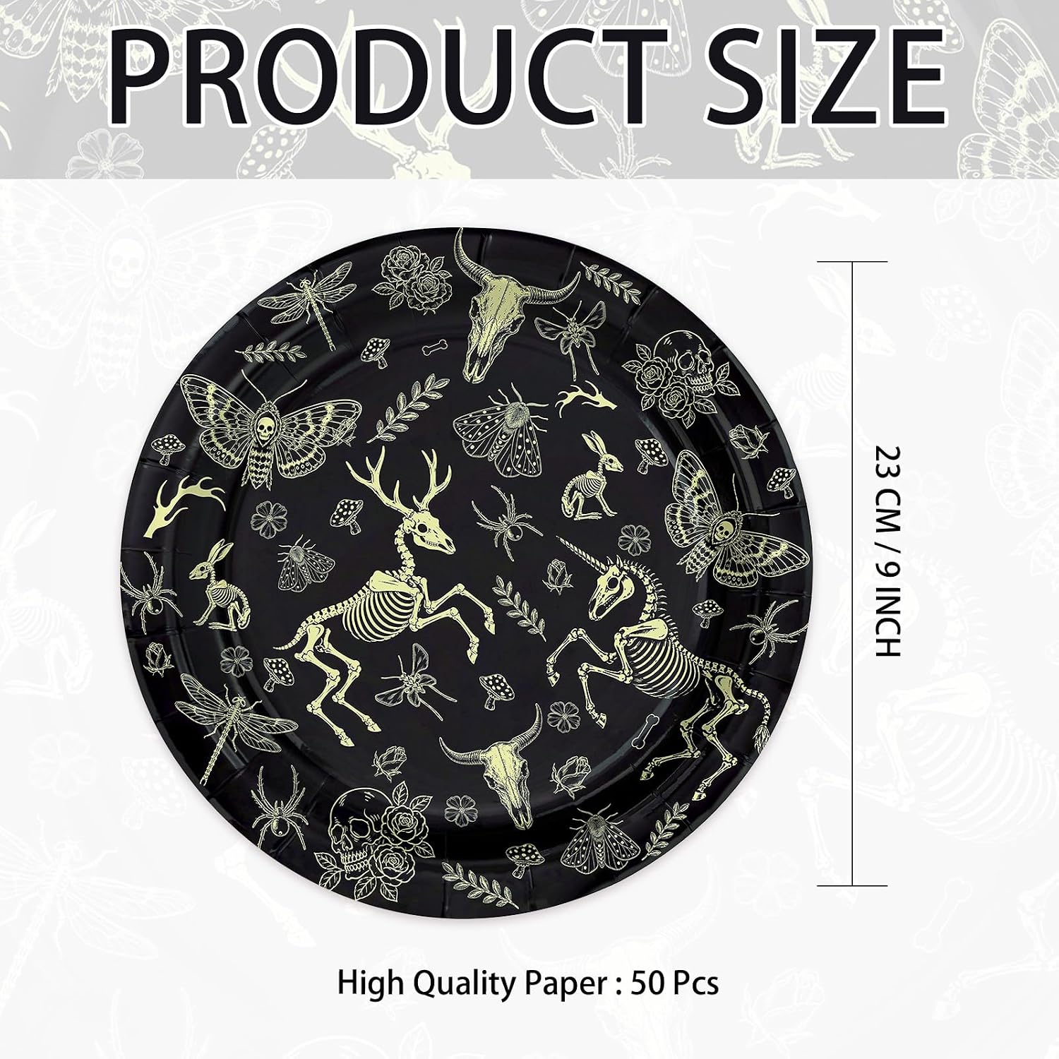 50Pcs Animal Skull Paper Plates 9 Inch Black Gold Halloween - Grencian