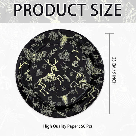 50Pcs Animal Skull Paper Plates 9 Inch Black Gold Halloween - Grencian