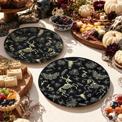 50Pcs Animal Skull Paper Plates 9 Inch Black Gold Halloween - Grencian