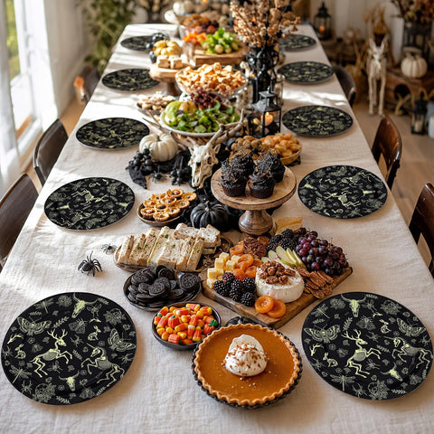 50Pcs Animal Skull Paper Plates 9 Inch Black Gold Halloween - Grencian