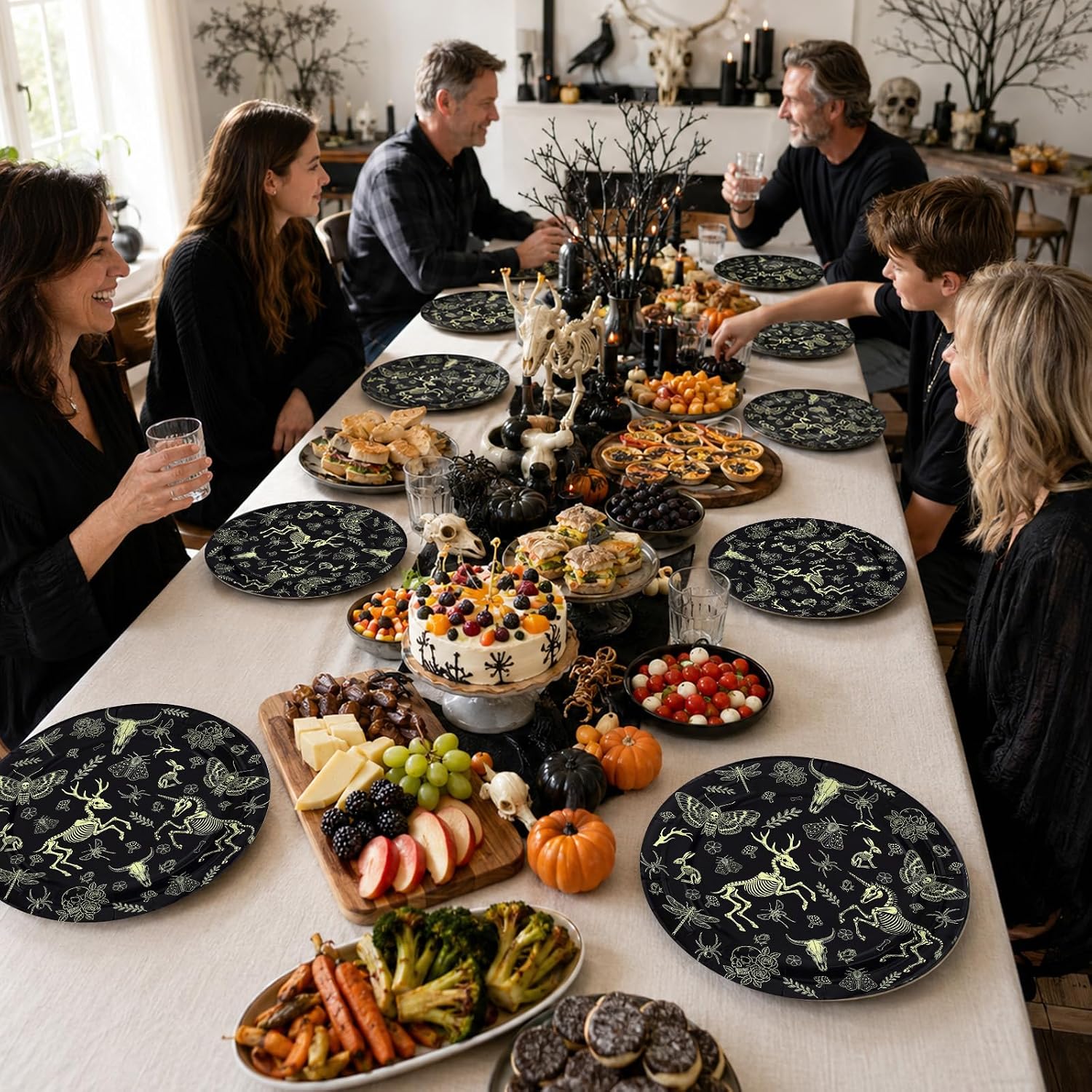 50Pcs Animal Skull Paper Plates 9 Inch Black Gold Halloween - Grencian