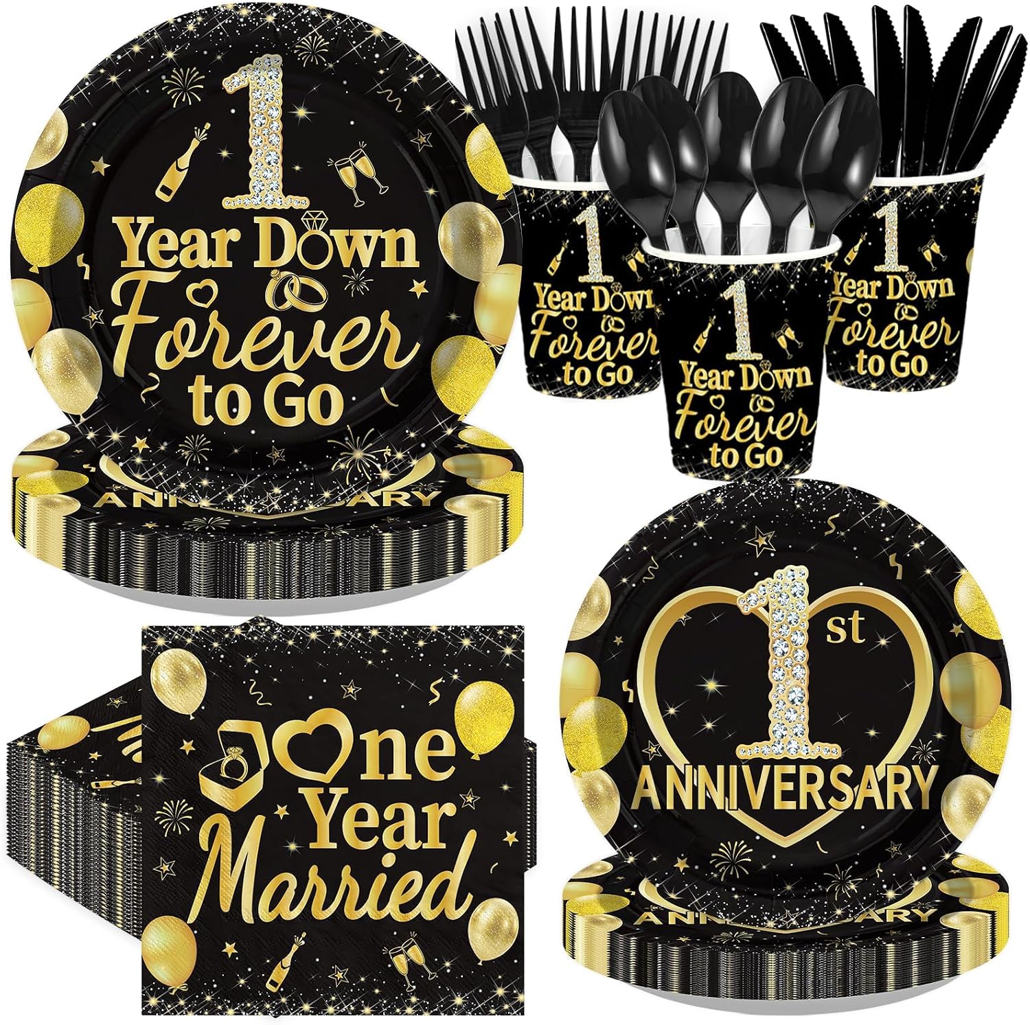 Greencian 168-piece 1 year anniversary party supplies with black gold tableware