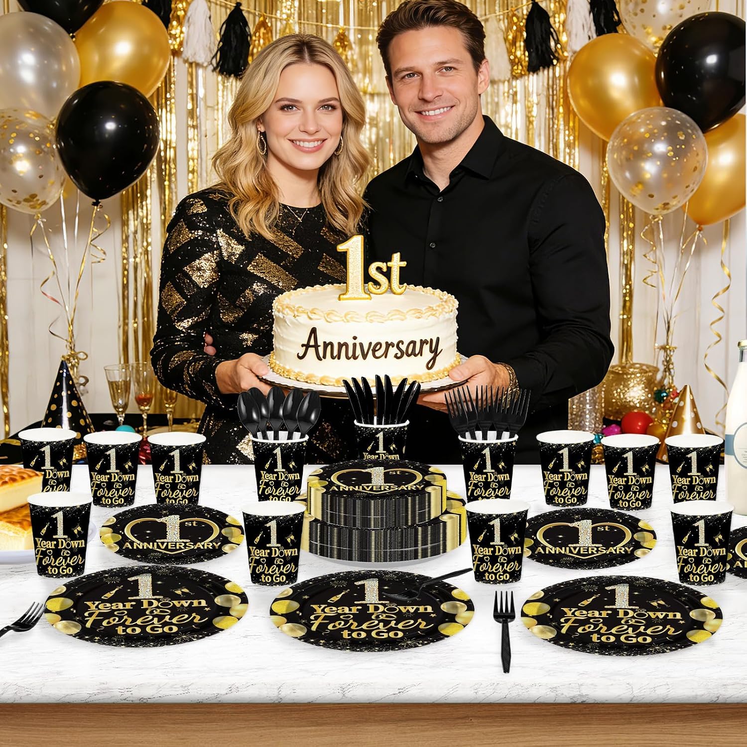 Anniversary celebration scene with black gold tableware