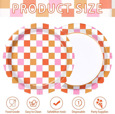 Pink and orange gingham disposable paper plates 9 inch view 2