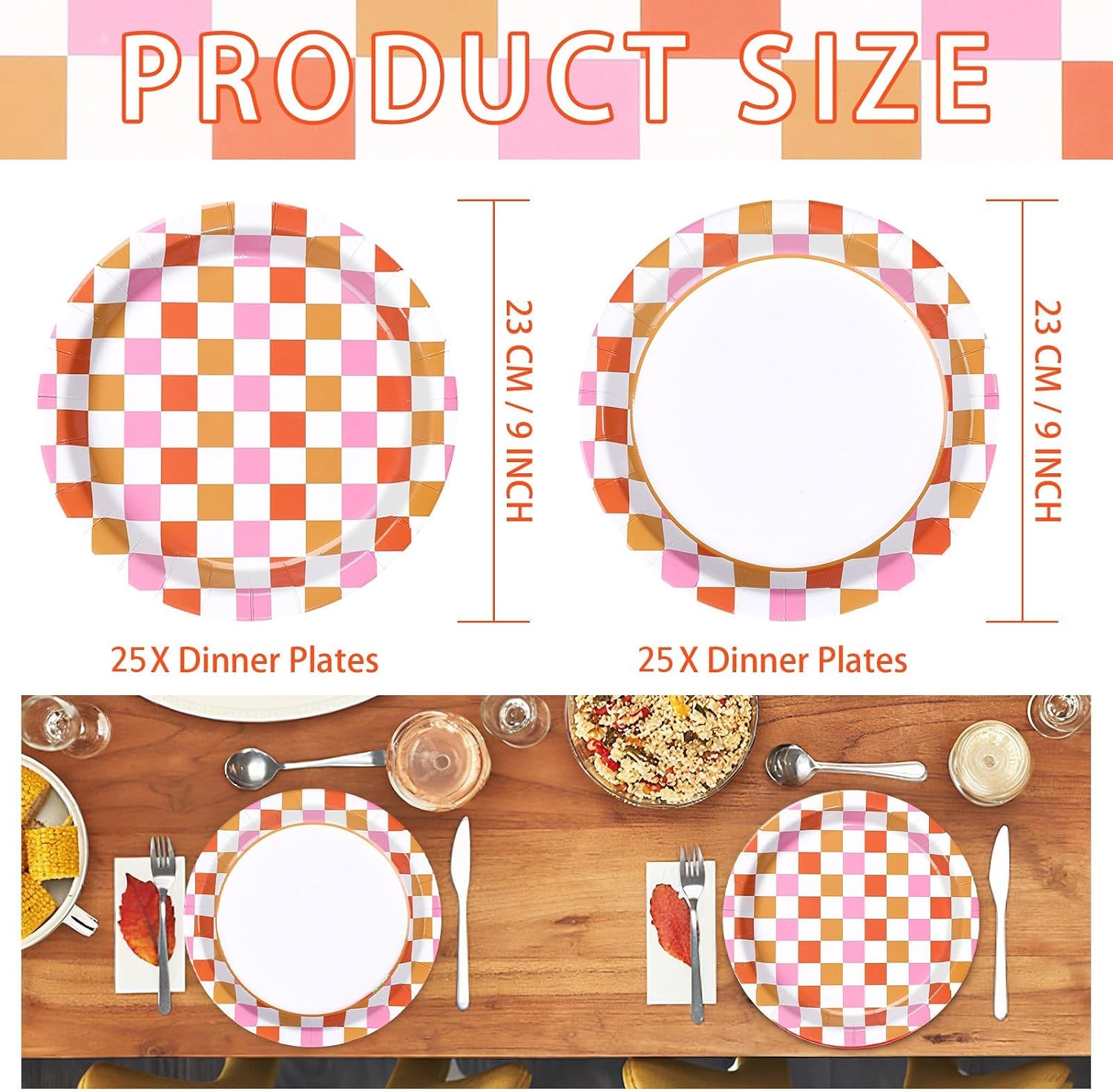 Pink and orange gingham disposable paper plates 9 inch view 3