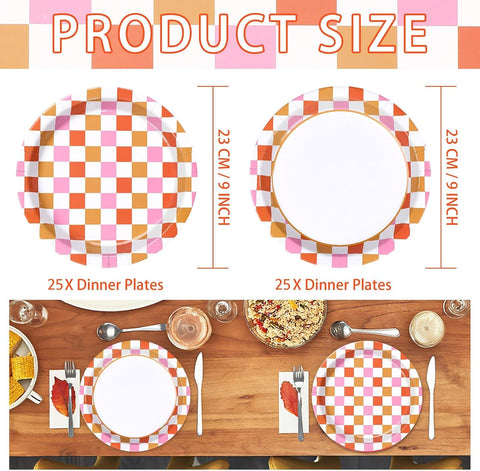 Pink and orange gingham disposable paper plates 9 inch view 3