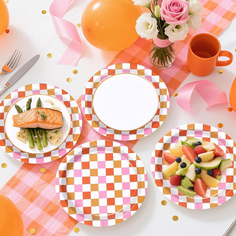 Pink and orange gingham disposable paper plates 9 inch view 4