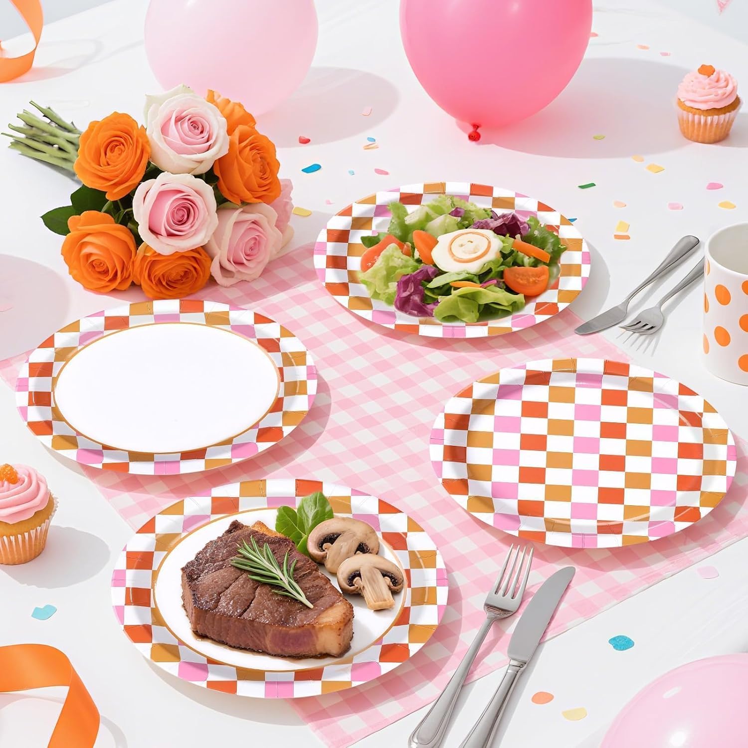Pink and orange gingham disposable paper plates 9 inch view 5
