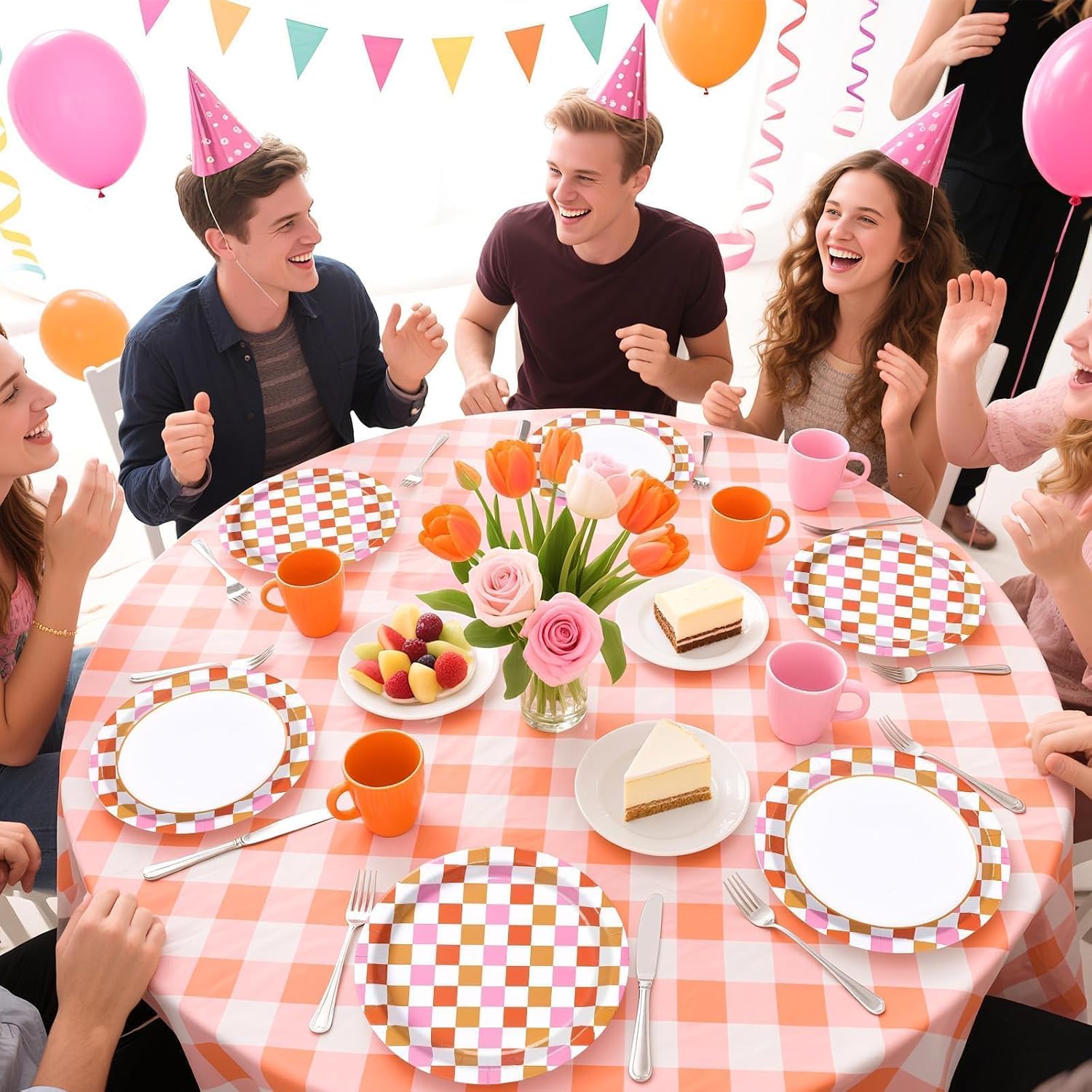 Pink and orange gingham disposable paper plates 9 inch view 6
