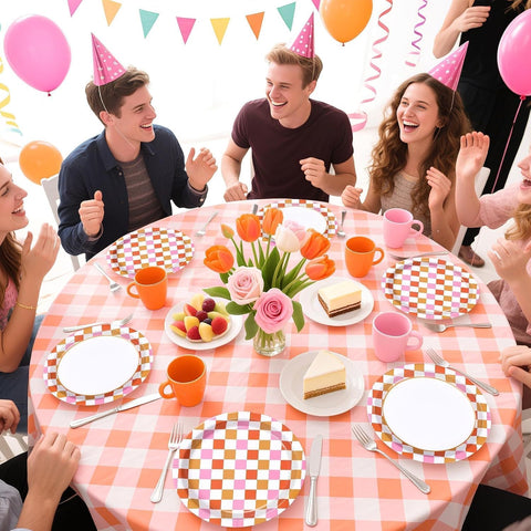 Pink and orange gingham disposable paper plates 9 inch view 6
