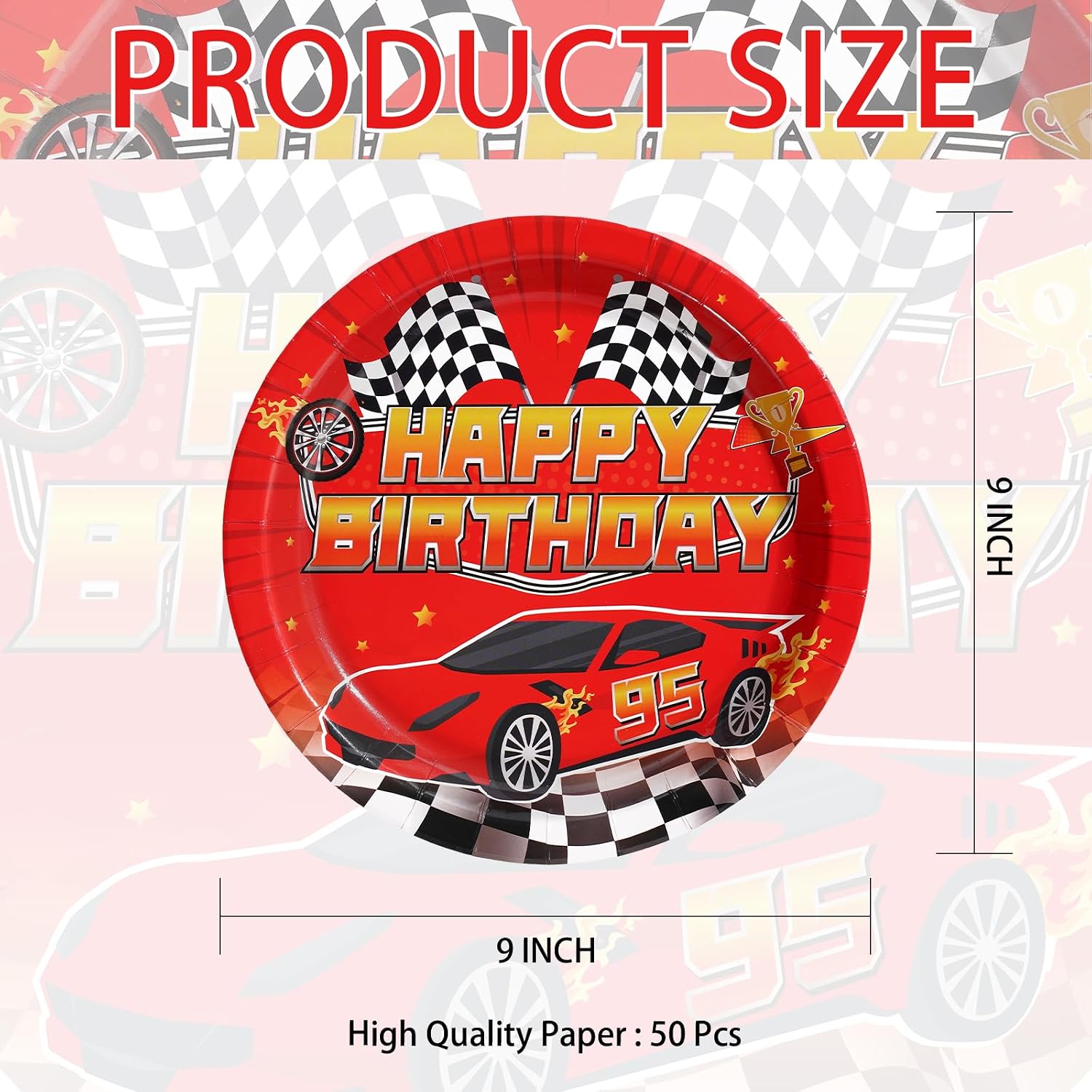 Red race car birthday disposable paper plates 9 inch view 2