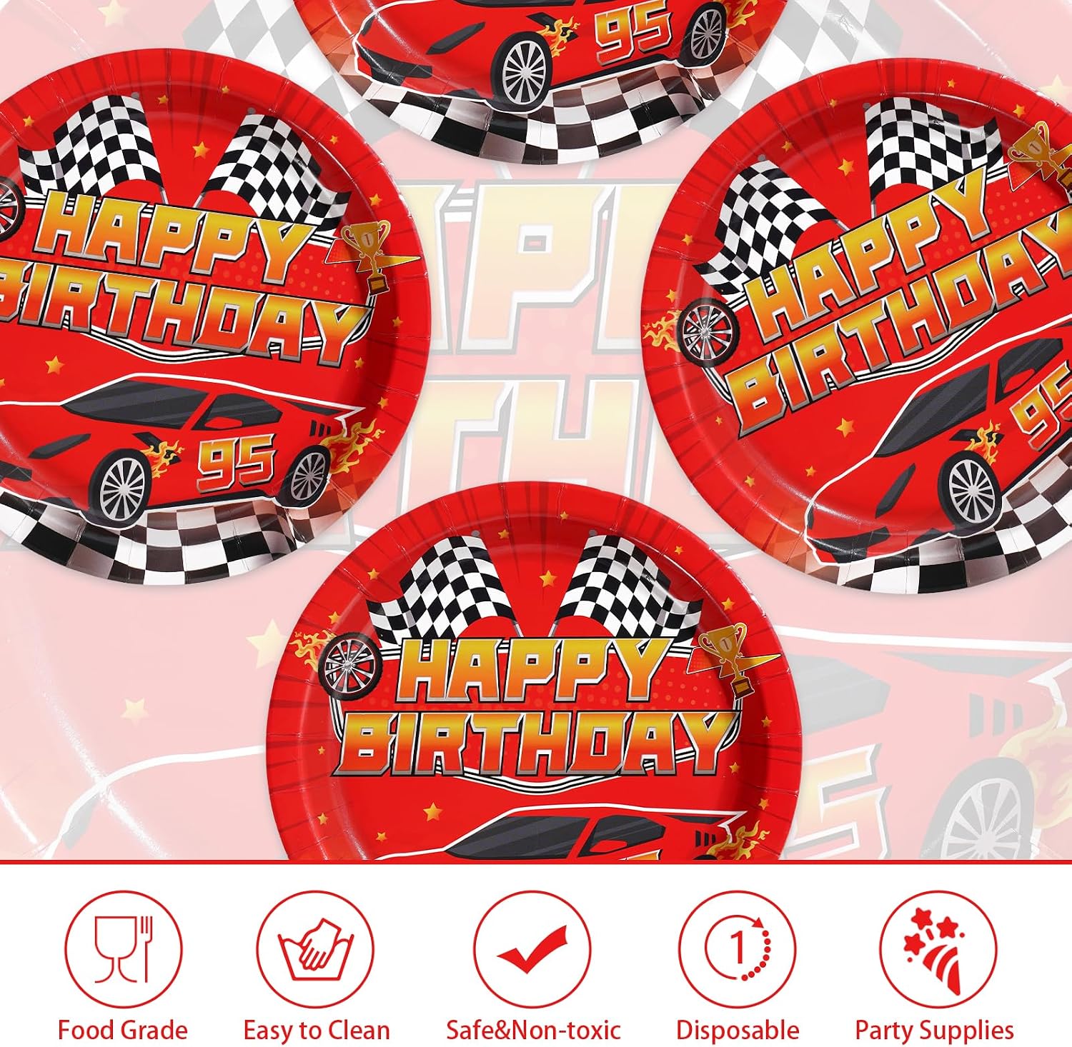 Red race car birthday disposable paper plates 9 inch view 3