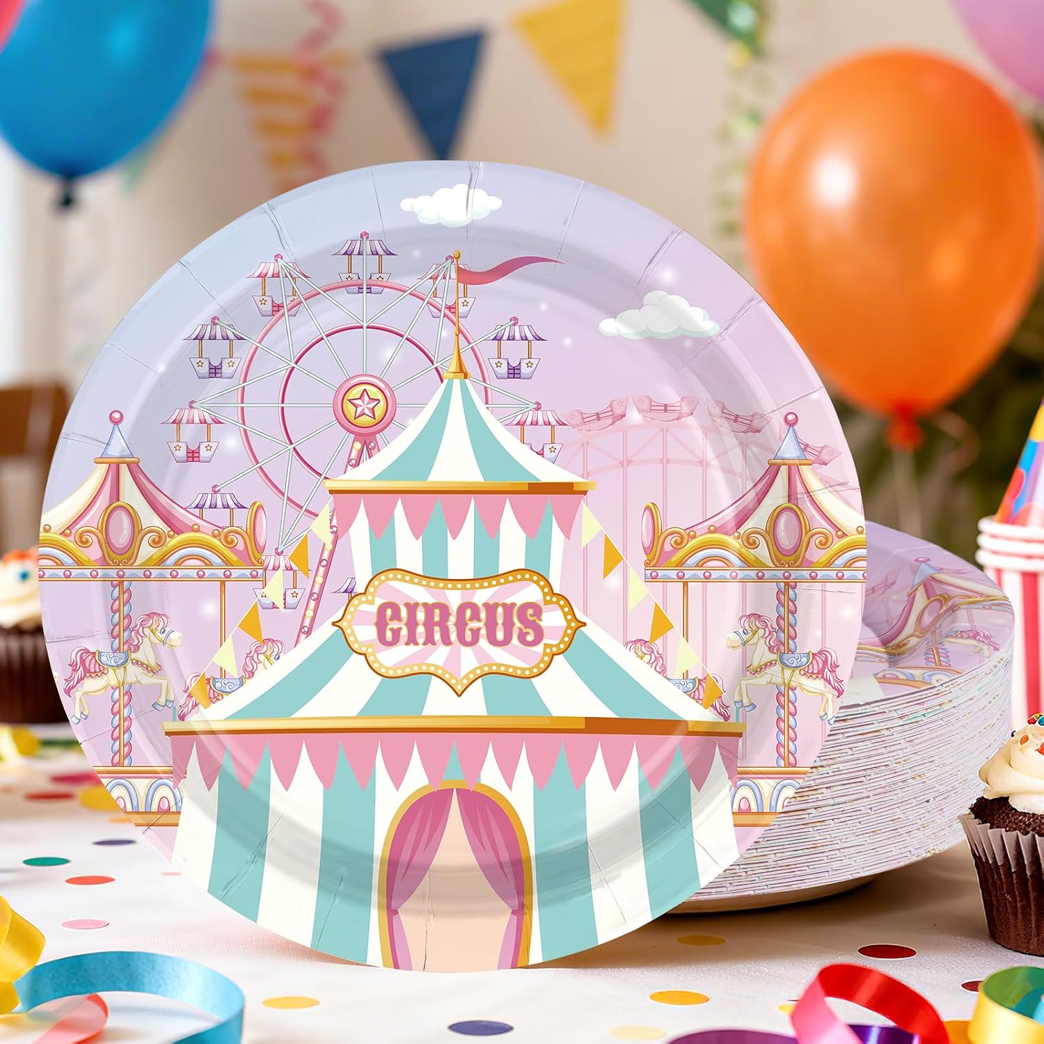 Pink pastel circus carnival disposable paper plates 9 inch view 4