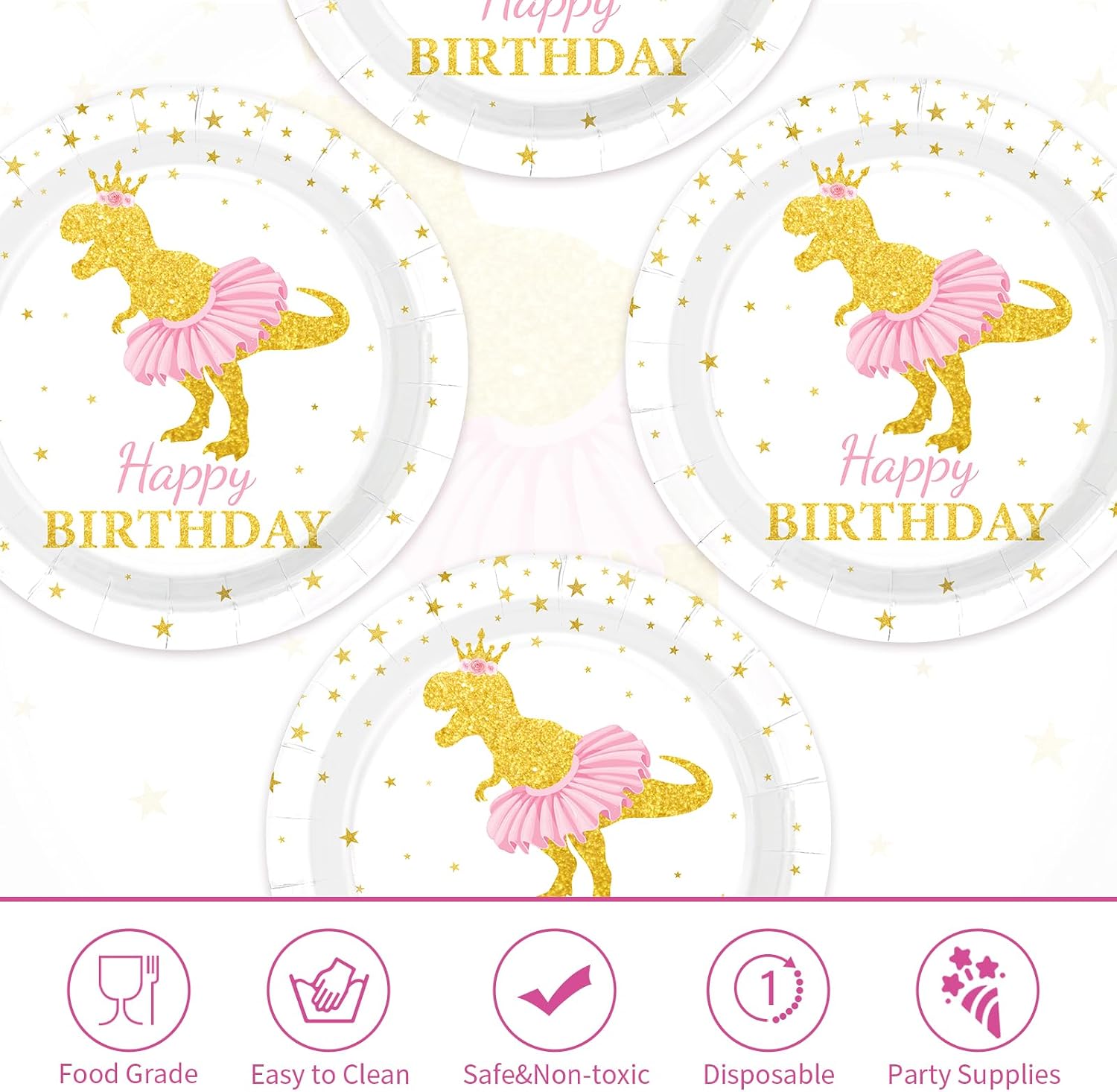 Pink gold dinosaur ballerina tutu disposable paper plates 7 inch view 3