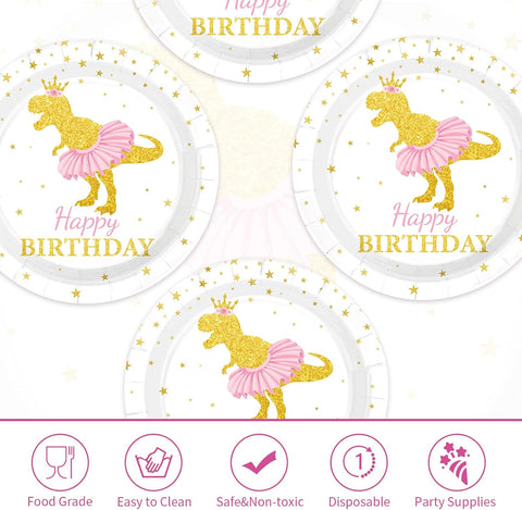 Pink gold dinosaur ballerina tutu disposable paper plates 7 inch view 3