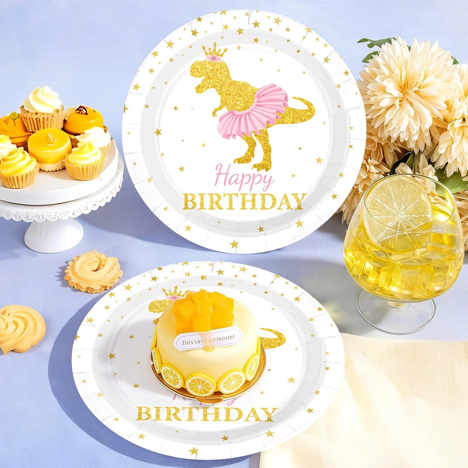 Pink gold dinosaur ballerina tutu disposable paper plates 7 inch view 5