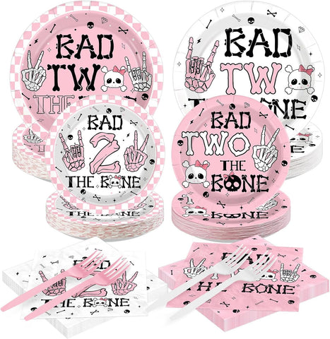 Grencian 200Pcs Bad Two The Bone 2nd Birthday Party Set