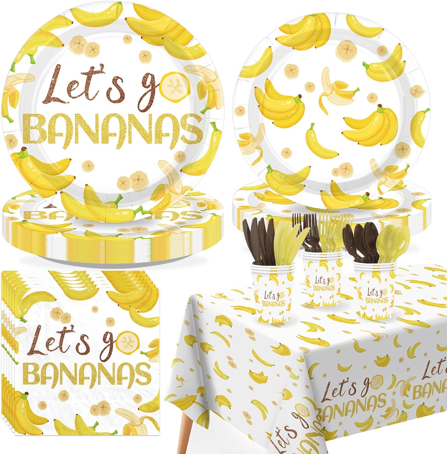 Greencian 170-piece banana birthday party supplies with Lets Go Bananas tableware