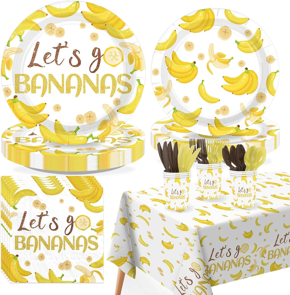Greencian 170-piece banana birthday party supplies with Lets Go Bananas tableware