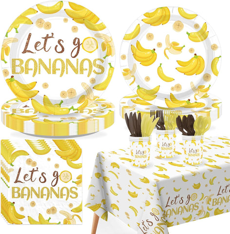 Greencian 170-piece banana birthday party supplies with Lets Go Bananas tableware