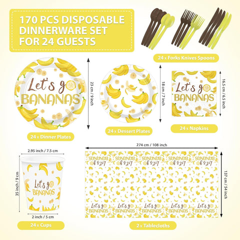 Full set of banana yellow themed plates napkins cups cutlery flat lay