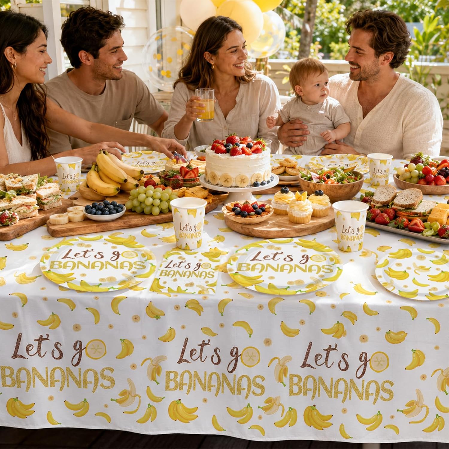 Fruit birthday baby shower party scene with banana tableware