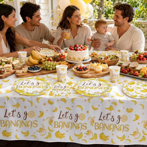 Fruit birthday baby shower party scene with banana tableware