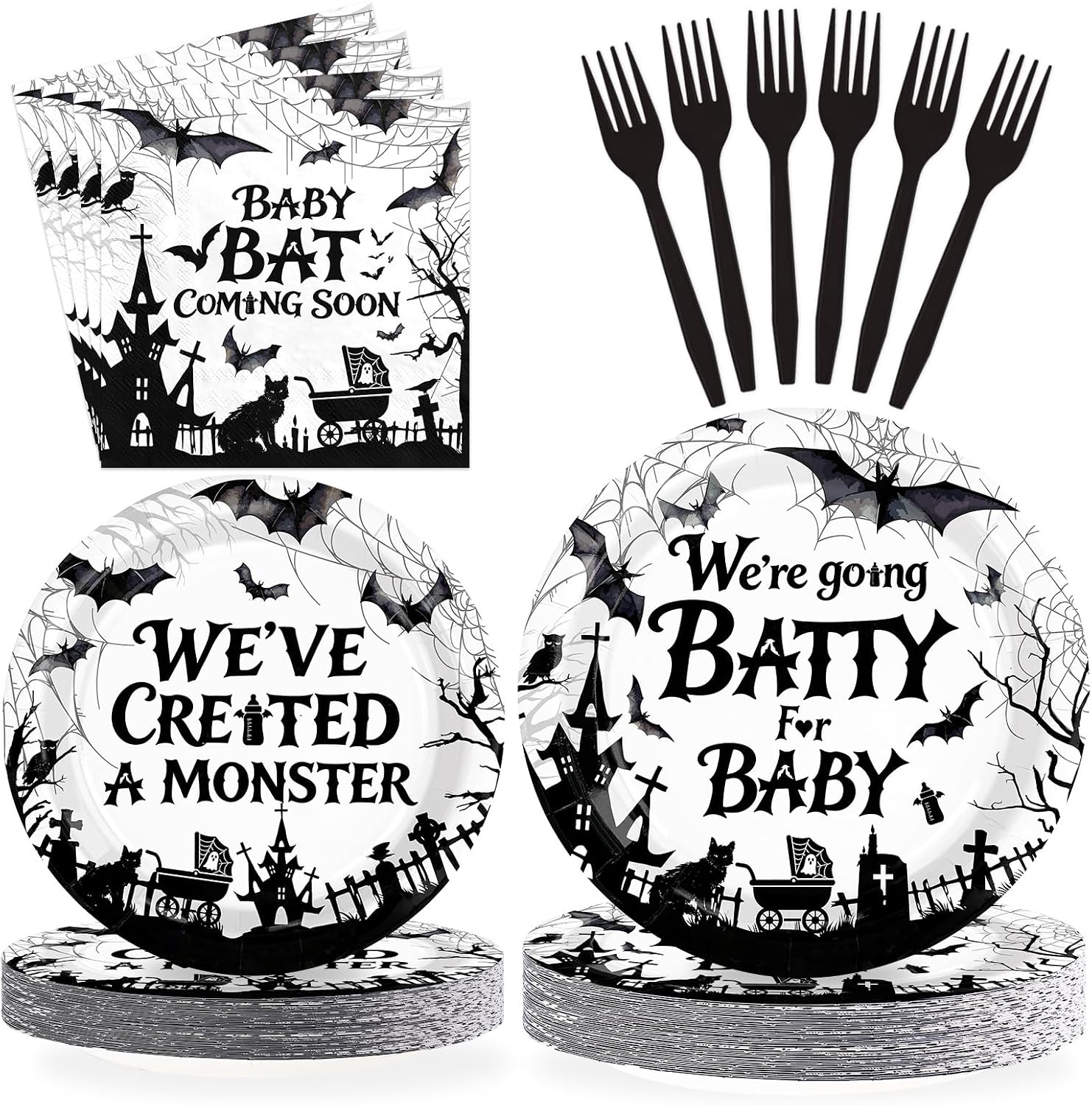 Black and white Halloween baby shower set with bat plates napkins and forks